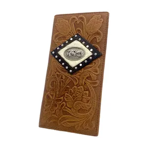 Western Cowboy Full Grain Leather Long Wallet For Men, Vintage Floral Embossed Prayer Concho Studded Checkbook Wallet, Ideal Gift For Men Husband