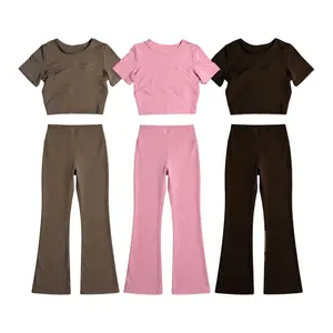 TikTok Viral Cropped Top & Flare Legging Sets for Women Buttery Soft 4-Way Stretch Matching 2 Piece Outfits High Waist Tummy Control Yoga Pants & Short Sleeve Top Set with Contour Fit Perfect for Gym Yoga Hiking Casual Daily & Office Wear