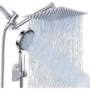 10 Inch Adjustable High Pressure Rain Shower Head with Handheld Spray Combo, Silver Dual Showerhead Set with Extension Arm and 60 Inch Long Shower Hose