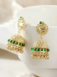 Women's Vintage Ethnic Synthetic Green Cubic Zirconia Gypsy Golden Color Indian Shining Earrings Boho Jewelry Retro Bell Tassel Carved Ladies Jhumka Earrings Trendy Fashionable Accessories