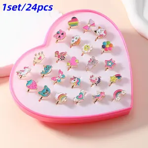 Set of 12/24 Heart Gift Boxes, Cute Cartoon Design Rings, Stacking Ring Set, Adjustable New Cartoon Ring Jewelry, Girls' Back-To-School Gift, Birthday, Christmas
