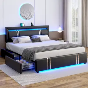 Full/Queen Bed Frame with Adjustable LED Lights Headboard, 4 Drawers and USB-C Charging Ports, Faux Leather Upholstered Platform Bed with Iron Metal Decor, No Box Spring Needed, Black