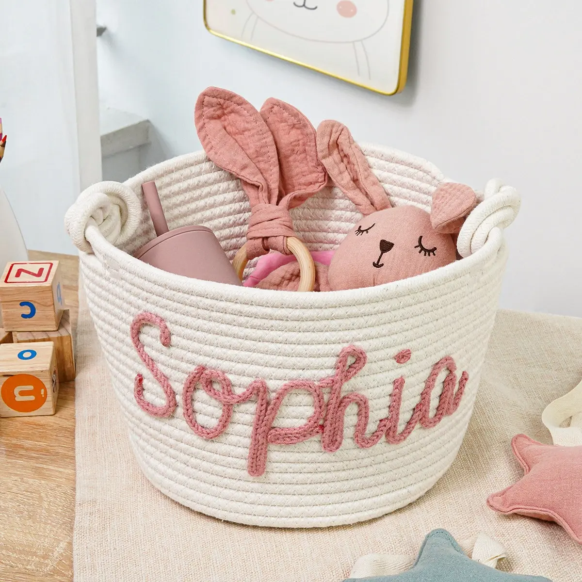 Personalized Baby Shower Gift Basket, Rope Cotton Baby Gift Basket, Baby Gift Basket, Toy Basket, Newborn Gift, Baby Name Gift