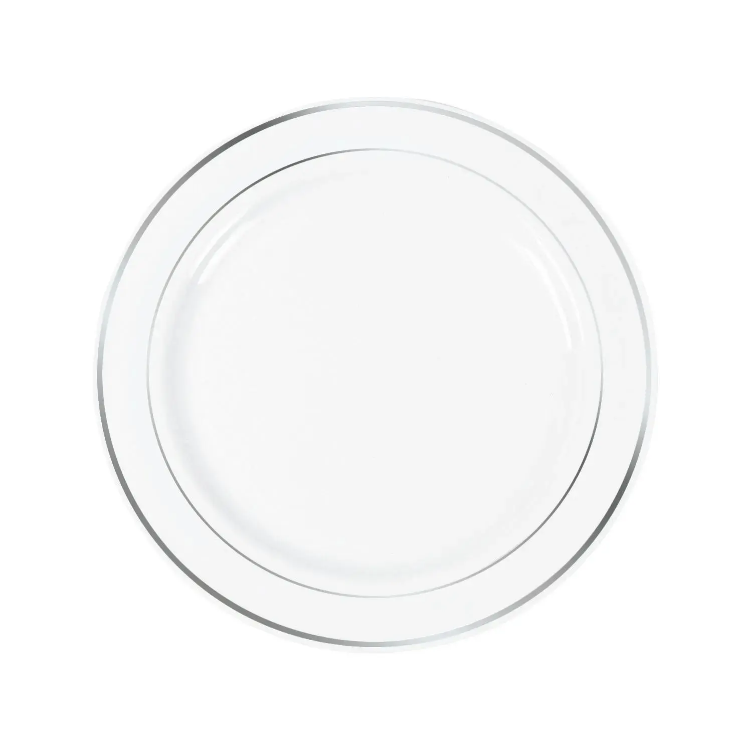 10" Disposable White Plastic Dinner Plates with Silver Trim - 25-Ct Set, Party & Wedding Supplies