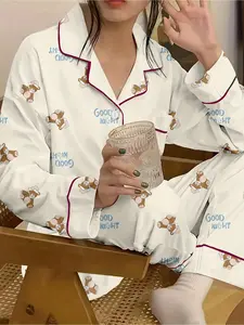 Ladies' autumn and winter lapel bear cartoon pajama set Pyjamas Nightwear