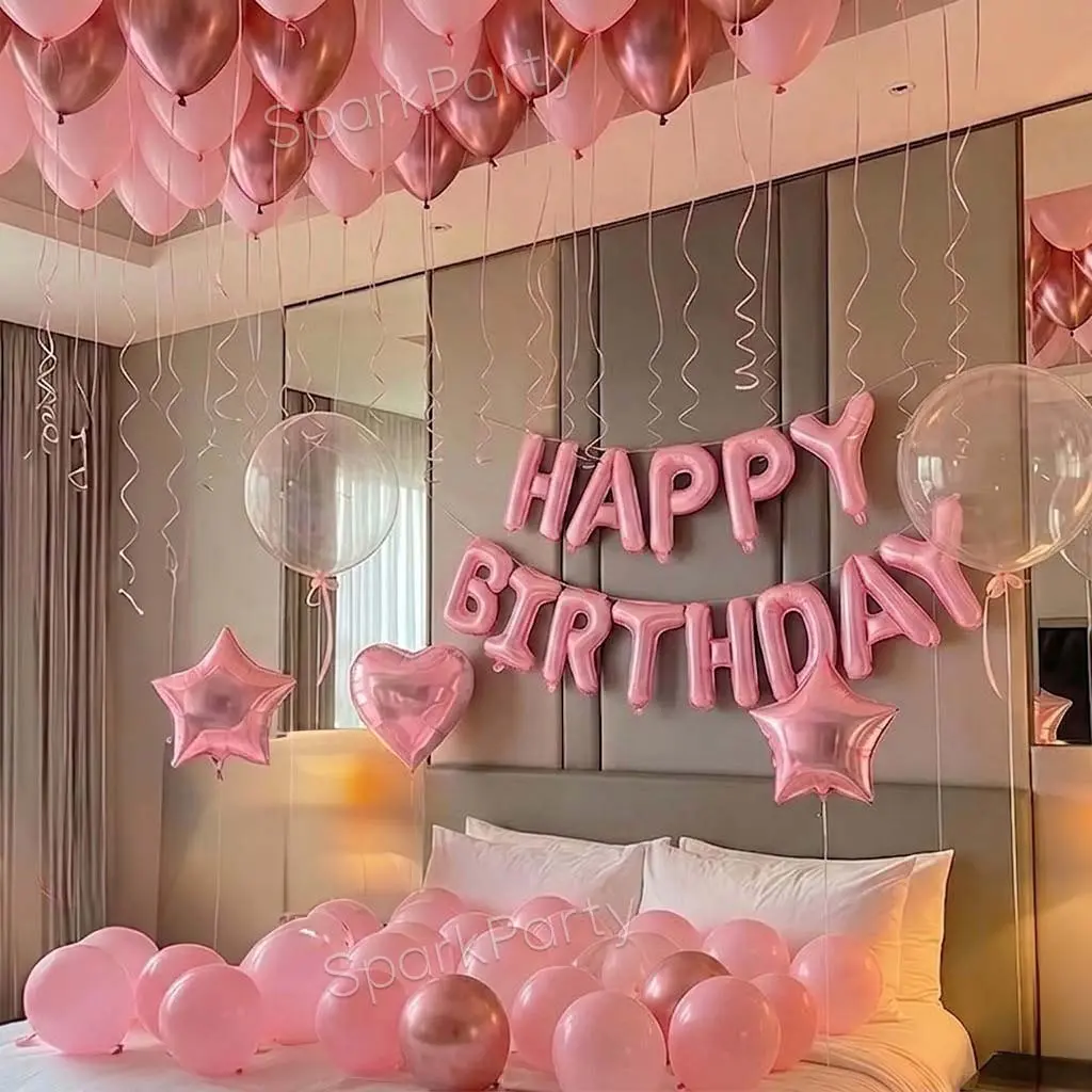 49pcs Birthday Party Balloons Set, Happy Birthday, Dreamy Princess Theme Decor, Heart & Star Foil Balloons, Romantic Atmosphere Props, Heart Shaped Balloons, Party Balloons Decorations