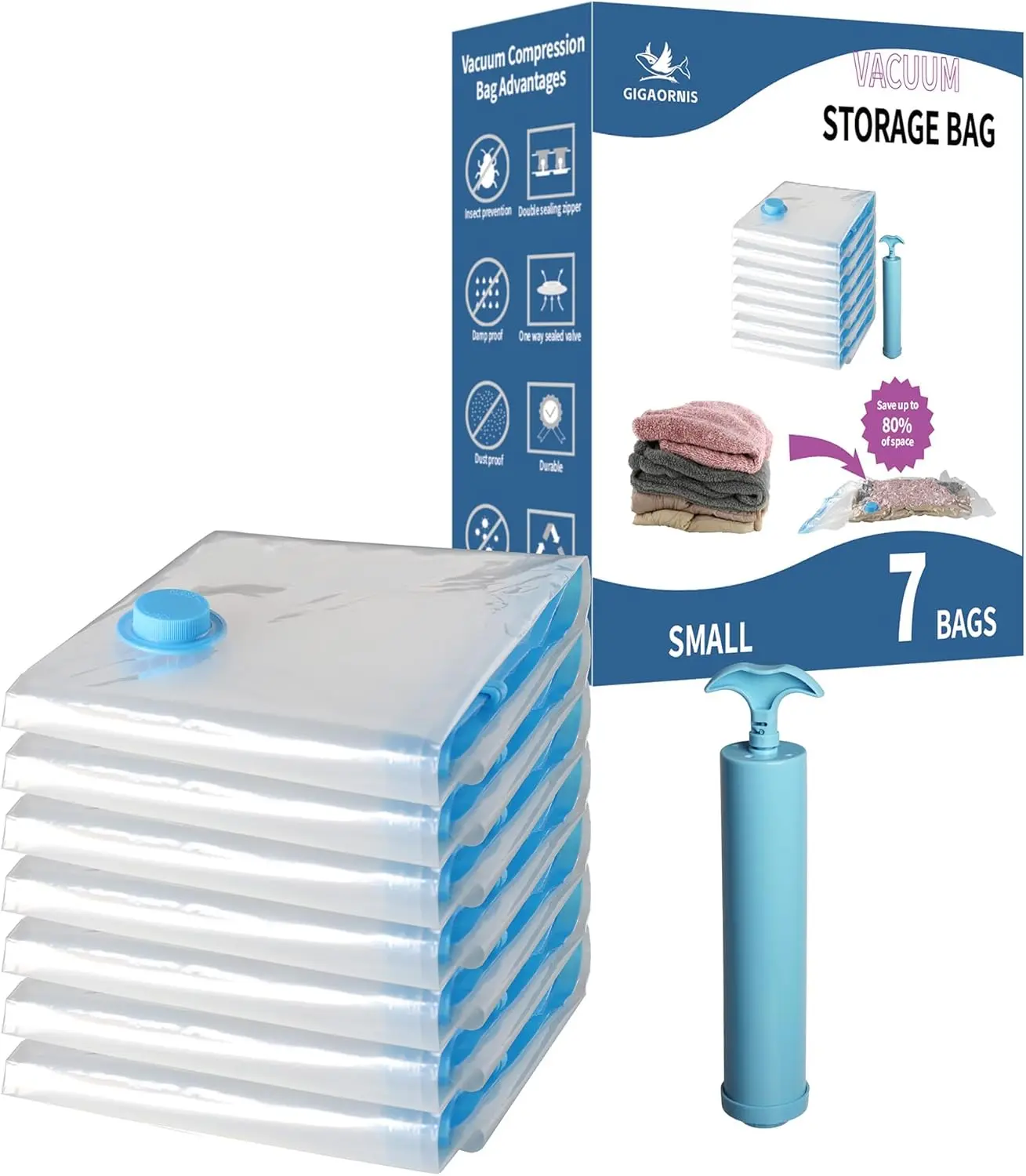7 Pack Small Space Saver Vacuum Storage Bags for Clothing Travel, Vacuum Seal Compression Bags for Clothes, Packing, Luggage, Blankets, Comforters and Pillows, Hand Pump IncludedGift.