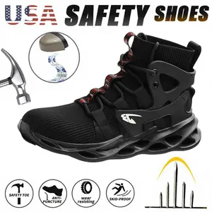 Steel-capped High-top Breathable Anti-crushing Anti-piercing Work Shoes non-slip safety labor protection Workout Sneakers Closed Lace-Up Round Toe Solid Color