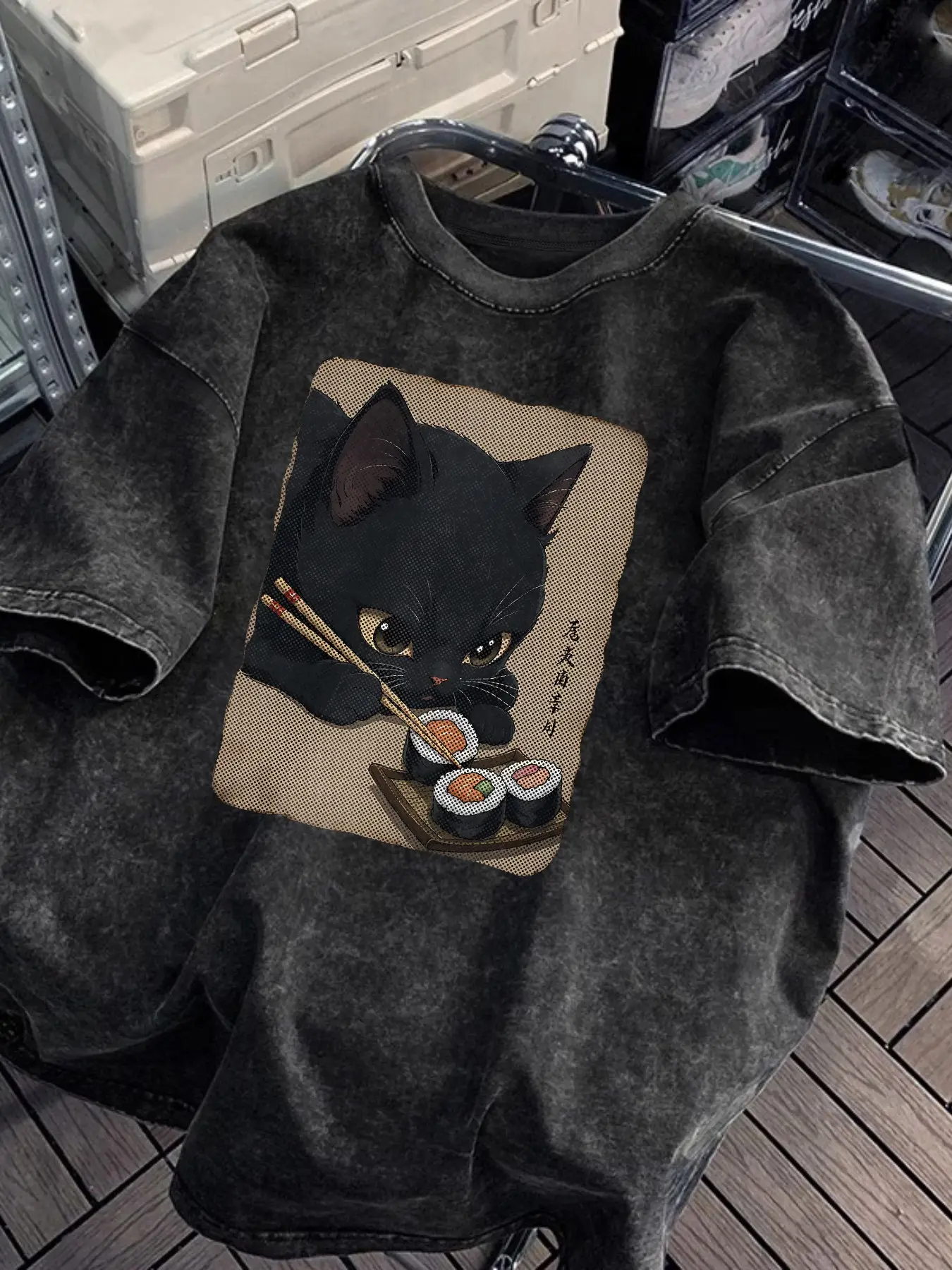 Cat Print Oversized Loose Fit Baggy Casual Streetwear T-Shirt for Women, Casual Street Fashion, Summer Round Neck Washed Tee, Comfortable and Stylish Ladies Top, Perfect for Daily Wear