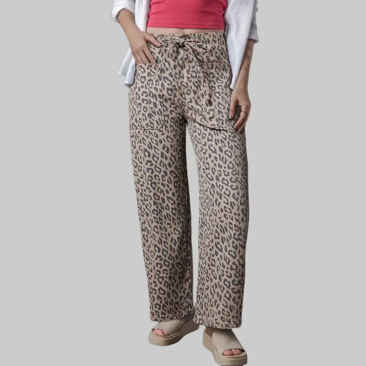 US 4-22 65% Cotton Relaxed Fit Curvy Pants,Khaki Leopard Print Drawstring Elastic Waistband Pocketed Barrel Jeans,Baggy Animal Print Mid-Waist Casual Streetwear，Extended Pants Country Western Bottoms For Women