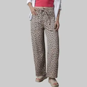 Women's Khaki Leopard Print Drawstring Elastic Waistband Pocketed Wide Leg Jeans High Waisted Casual Denim Pants