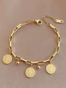 Hiphop Style Round Pendant Tassel Bracelet, Stainless Steel Casual Women's Commuter Accessory, Trendy Personalized Gift, Elegant Jewelry Bracelet