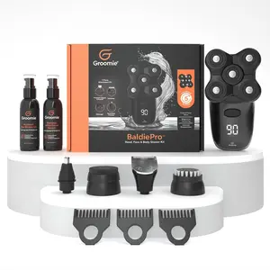 GROOMIE No Hair, Don't Care Bundle - 5D BaldiePro Electric Head Shavers for Bald Men, Natural Pre-Shave Oil to Promote Close Shave, & Natural Aftershave Serum, 7 Piece Accessory Kit - Mens Head Shaver Kit w/Electric Razor
