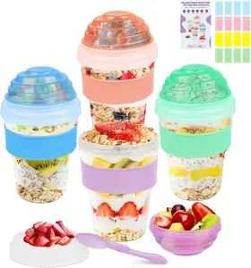 Yogurt Parfait Cups with Lids Reusable - 4 Pack 20 oz Overnight Oats Containers with Lids Folding Spoons Granola Topper, Cereal Salad Jars for Oatmeal Chia Pudding Meal Prep