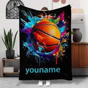 1pc Custom Name Football Theme Blanket, Suitable for Soccer and Basketball Sports Enthusiasts Gift, Outdoor Camping, Travel Throw, Large Soft Comfortable