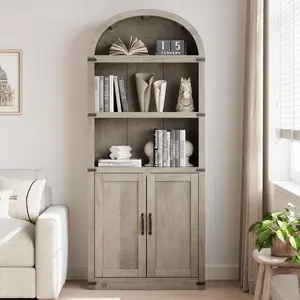 GARVEE Bookcase with Doors Arched Bookshelf 71.65in Tall Bookcase Farmhouse Cabinet with Shelves Wooden Bookshelves for Home Office, Living Room