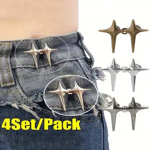 4 Pairs Adjustable Cross-Star Denim Button Pins, Removable Metal Waist Tightener, No-Sew No-Damage Fit for Jeans & Skirts, Easy Clip-On Belt Buckle Alternative, Instantly Cinch Loose Waist for a Perfect Fit