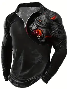 Men's Wild Lion Graphic Long Sleeve Half-Zip T-Shirt, Animal Pattern Sportswear, Casual Trendy Top for Spring/Autumn, Casual Sports Tops, 100% Polyester Knit Fabric with Slight Stretch, Regular Fit Stand Collar with Zipper Detail