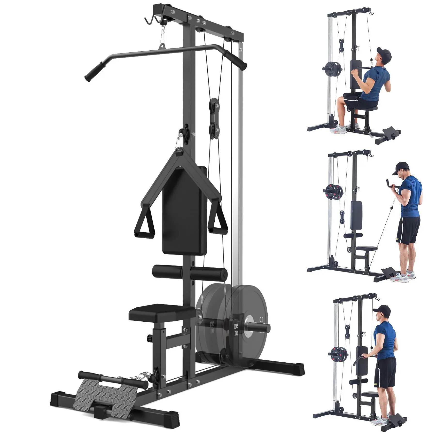 LAT Power Cable Pull Down Machine with High-Low Pulley Station, Adjustable Leg Support for Home Gym Total Body Training, Black