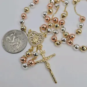 rosary VIRGIN MARY beautiful necklace with cross and clear stone's three colors Gold-plated long zises