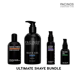 Pacinos Ultimate Beard and Shave Grooming Bundle - Complete Kit Includes After Shave Soother, Signature Shave Gel, Beard and Face Scrub Cleanser and Beard Oil with Tea Tree for Smooth Skin and Healthy Beard Care Routine