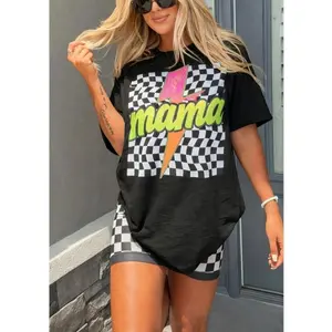 Lightning Bolt Mama Graphic Tee Oversized Vintage Wash Checkered Print T Shirt Casual Streetwear Summer Outfit Unisex Top Soft Cotton