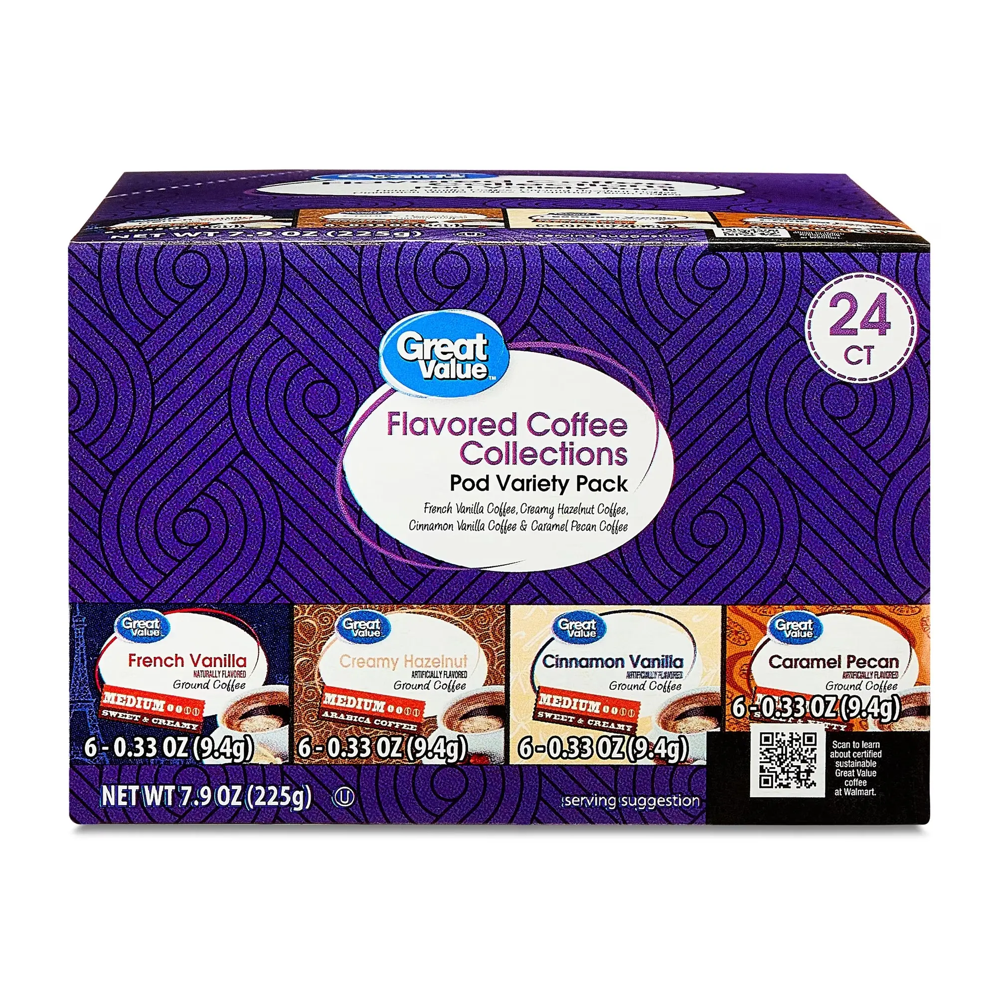 Great Value Flavored Medium Roast Ground Coffee Pods Variety Pack, 24 Count, 7.9 oz