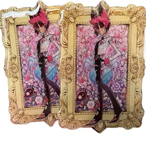 Acrylic Pin with Intricate Gold Frame and Vibrant Floral Design Featuring Alastor Character