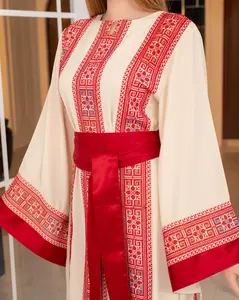 Women Palestinian Style Embroidered Thobe with Satin Belt (Cream and Red)