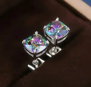 Wholesale Stud Earrings for Women & Men Silver Plated Cubic Zirconia Jewelry Lab-Created Rainbow Stones Pair Set Fast USA Shipping
