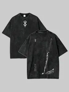 Berserk Brand of Sacrifice Graphic T-Shirt, Unisex Vintage Acid Wash Heavyweight Cotton Tee for Menswear, Oversized Round Neck Streetwear Top