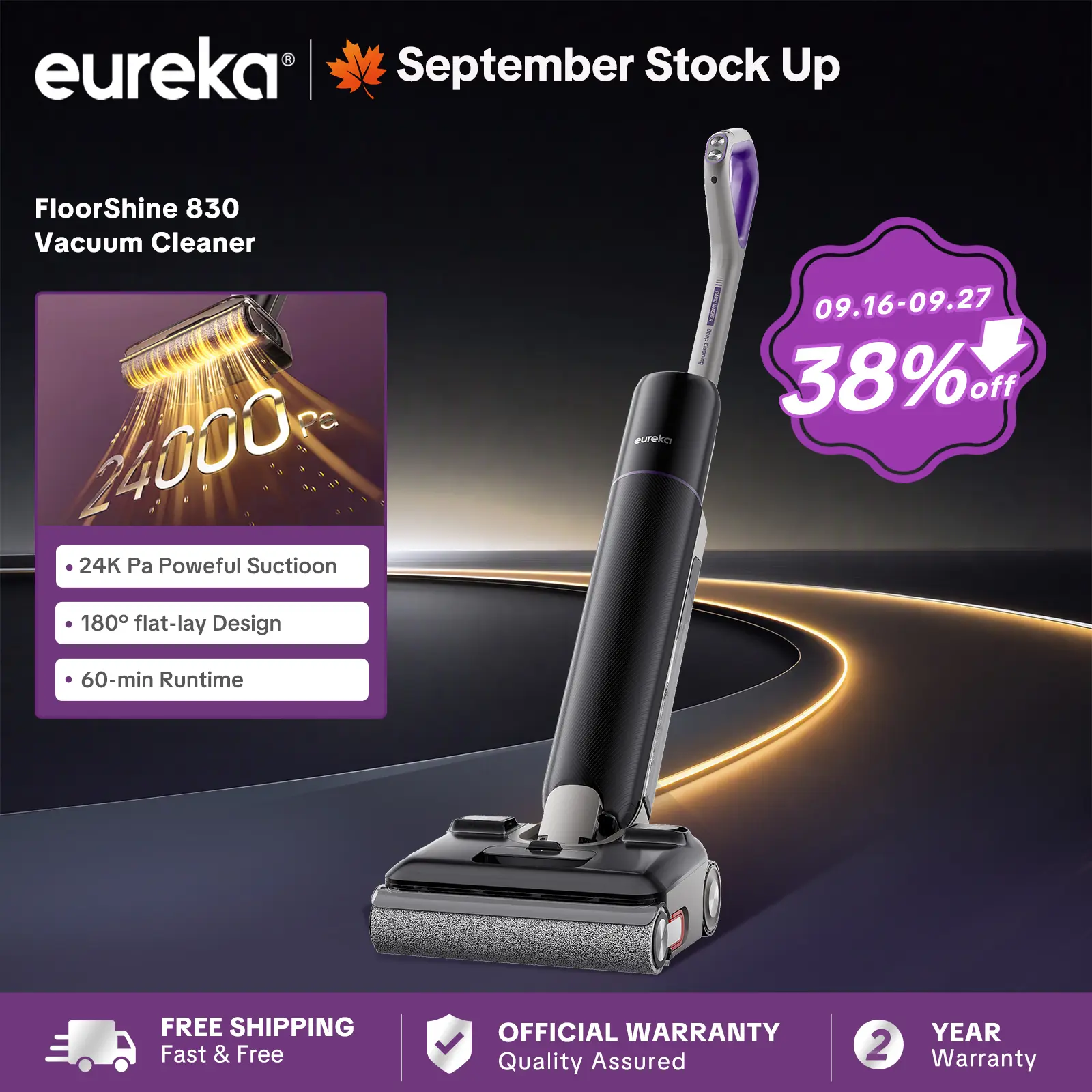 Eureka FloorShine 830 Vacuum Cleaner 24000Pa, Cordless Floor Scrubber Flat Design 180° 13.7 cm, Anti-Tangle, Edges on 3 Sides, for Houses with Animals, 60 Min Autonomy