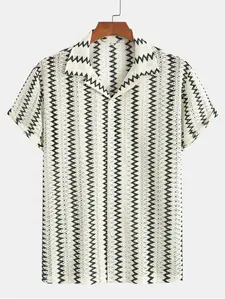 Men's Chevron Pattern Hollow Out Jacquard Short Sleeve Shirt, Loose Casual Comfy Collared Breathable Button Front Lapel Neck Top for Summer, Men's Clothes for Beach Vacation