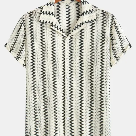 Men's Chevron Pattern Hollow Out Jacquard Short Sleeve Shirt, Loose Casual Comfy Collared Breathable Relaxed Fit Button Front Lapel Neck Top for Summer, Breathable Menswear, Men's Clothes for Beach Vacation, Casual Summer Clothing