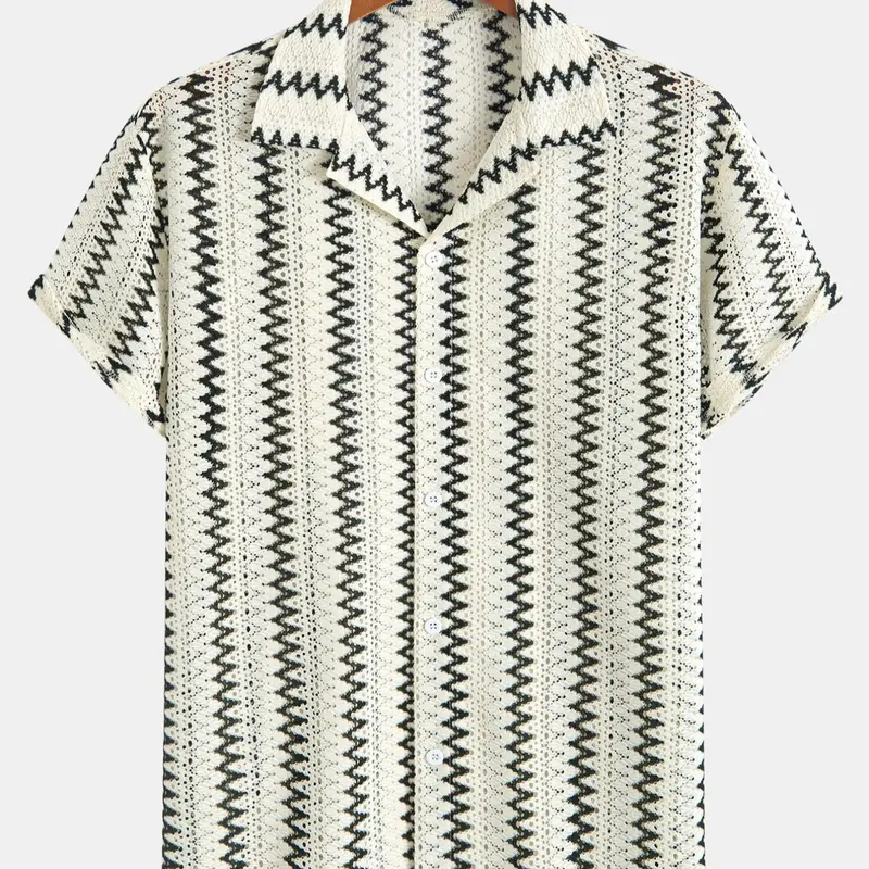 Men's Chevron Pattern Hollow Out Jacquard Short Sleeve Shirt, Loose Casual Comfy Collared Breathable Relaxed Fit Button Front Lapel Neck Top for Summer, Breathable Menswear, Men's Clothes for Beach Vacation, Casual Summer Clothing