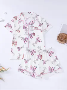 Women's All Over Print Button Front Shirt & Shorts Pyjama Set, Comfort Two-piece Pj Set for Homewear, Women's Sleepwear for All Seasons