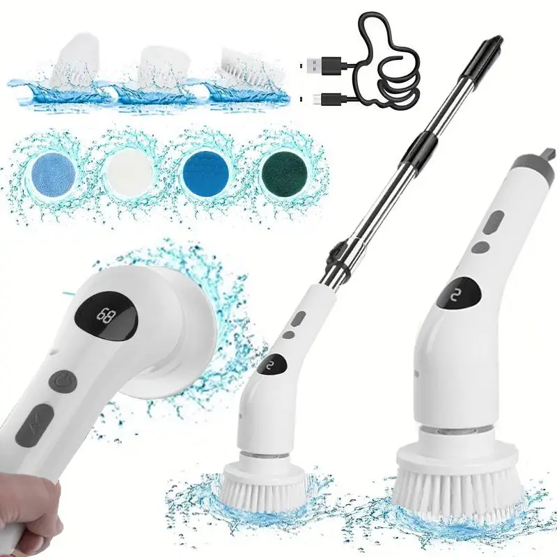 Durable Electric Spin Scrubber with LED Display, 1 Set USB Rechargeable Electric Spin Scrubber with 7 Interchangeable Brush Heads, Household Cleaning