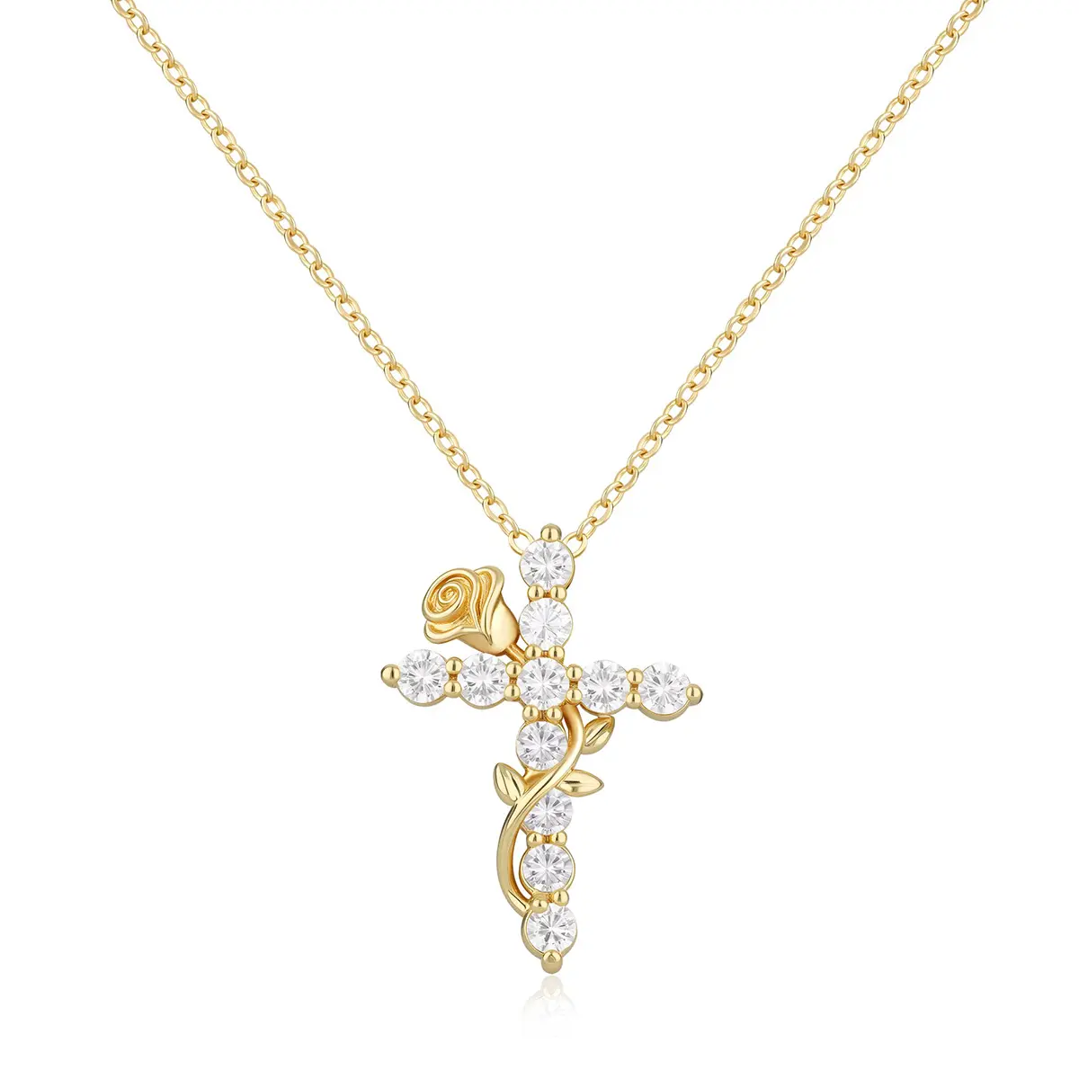 Rose Flower Cross Necklace for Women, 14K Gold Plated Zircon Cross Pendant Necklace Trendy Simple Small Necklaces Christian Religious Faith Jewelry Gift