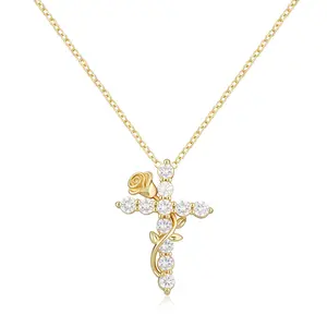 Rose Flower Cross Necklace for Women, 14K Gold Plated Zircon Cross Pendant Necklace Trendy Simple Small Necklaces Christian Religious Faith Jewelry Gift