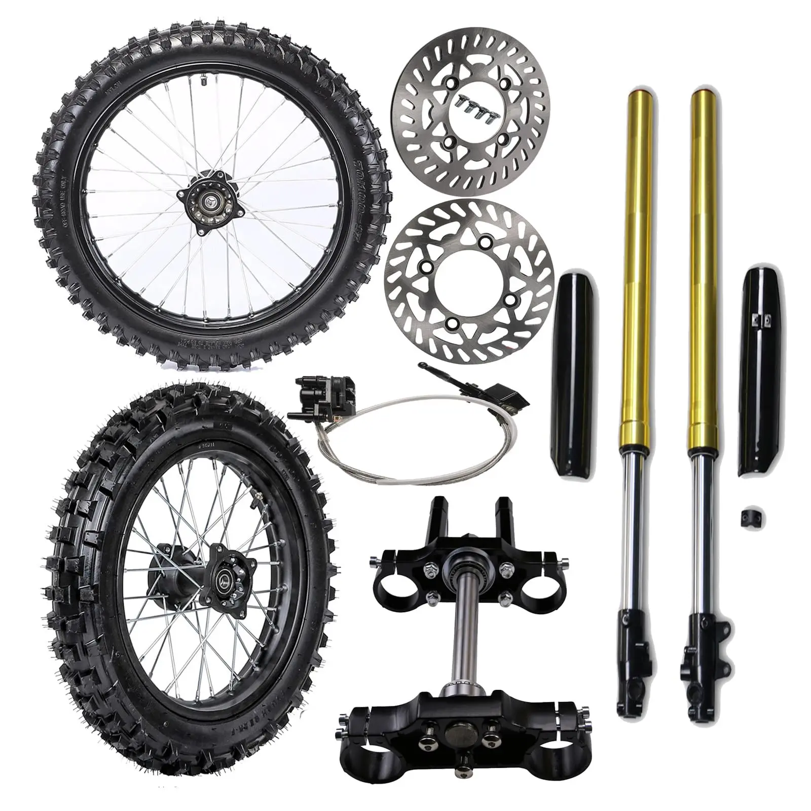 70/100-17 Front Wheel with 90/100-14 Rear Wheel, Disc Rotor, Front Forks Shock Suspension, Triple Tree Clamp, Brake Master Cylinder Caliper for Disc Brake Pit Dirt Bike Motorcycle Scooter Razor Taotao