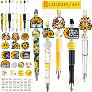 Sunflower & Bee Themed Beaded Pen Set, 8 Counts/set Press Ballpoint Pen, DIY Writing Pen Set for School Office Dormitory Home, Drawing Pens Set