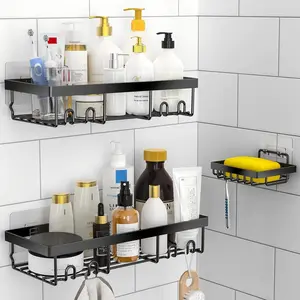 3-Pack Shower  Basket Shelf with Soap Holder, No Drilling Traceless Adhesive Shower Wall Shelves, Rustproof Black Bathroom Shower Storage Organizer