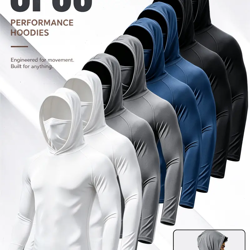 Men's Fitted UPF Sun Protection Compression Hooded Shirts (3/4/6/8 Pack) - Polyester Breathable Sportswear Top, Dry Fit Activewear, Quick Dry Long Sleeve Athletic Tops with Attached Face Mask, Lightweight Cooling Golf Fishing Shirt for Outdoor Work