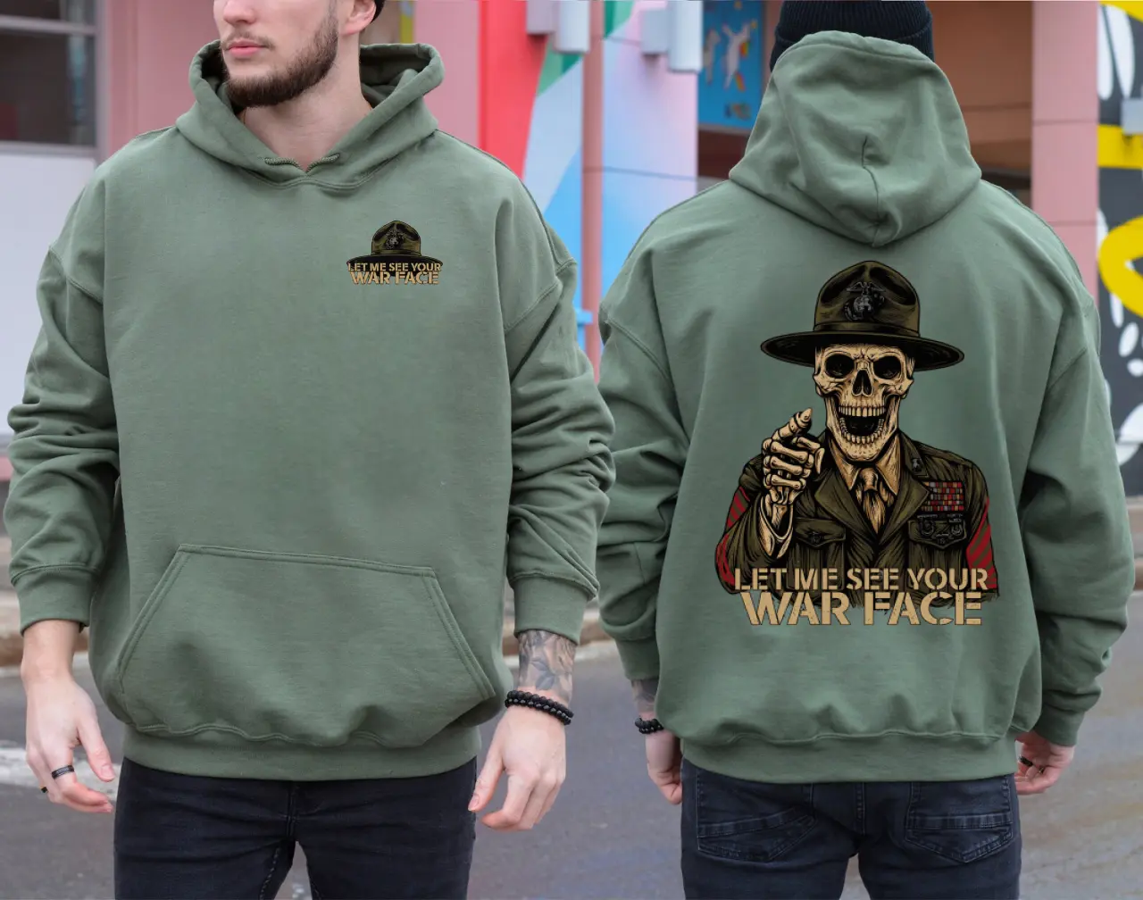 Drill Instructor Let Me See Your War Face Hoodie, Military Motivation Graphic Pullover, Veteran Pride Apparel, Soldier & Military Lifestyle Hoodie, Unisex Cotton Hooded Sweatshirt, Military Gift for Veterans & Service Members