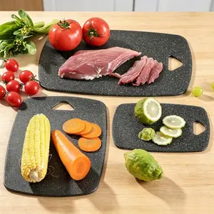3-piece set of marble patterned food grade plastic cutting boards with hanging holes for easy storage, divided into raw and cooked sections for cutting meat, vegetables, fruits, and seafood, suitable for household kitchens