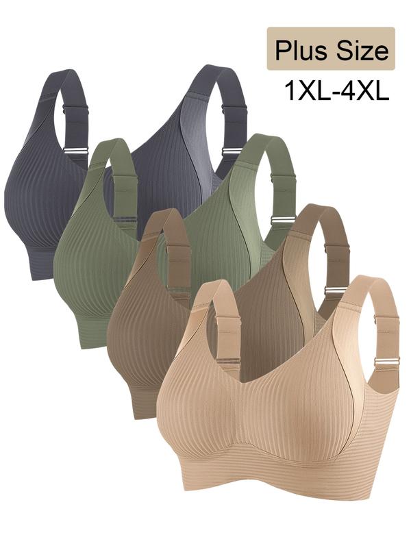 4 Pack Plus Size No Underwire Bras, Wireless Tank Bra, Soft Medium Support Wide Shoulder Straps, Casual Daily Comfort, Plain Pattern, Lined
