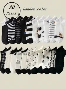 20 Pairs Cute Soft Cow Striped Socks, Perfect for Spring Summer Wear, Random Colors, Casual Fitted Style