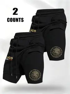 Men's Summer Trendy Letter Print Mexican Emblem Streetwear Sports Shorts 2-Pack, Soft Casual Outdoor Sport Shorts for Patriotic Style Enthusiasts