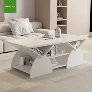 Engineered wood rounded corner rectangular coffee table for living room, easy assembly storage table with open shelves sturdy frame for Reception Room, Modern Coffee Table Geometric Design