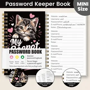 Mini Password Notebook, Coil Account Password Manager, Cute Cat Cover, Website Username Reminder Page, 180° Flat Spiral Binding, Portable